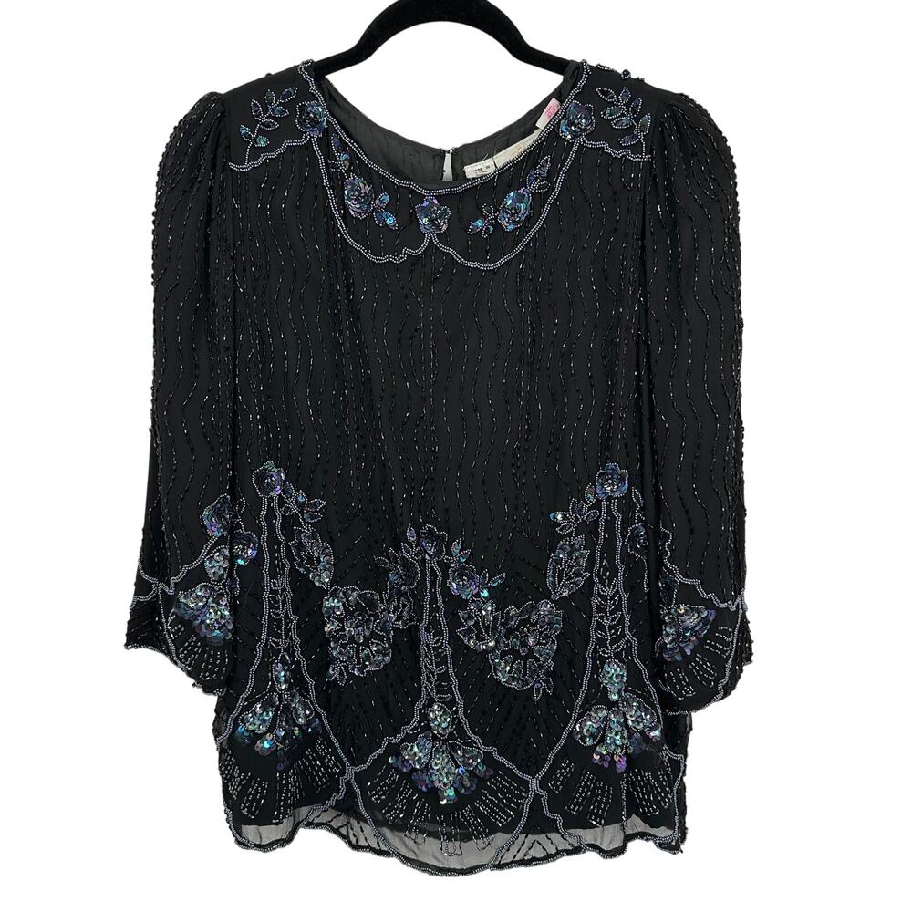 Vintage Oleg Cassini Silk Beaded‎ Sequin Top Skirt Set Black 10 Gatsby Flapper